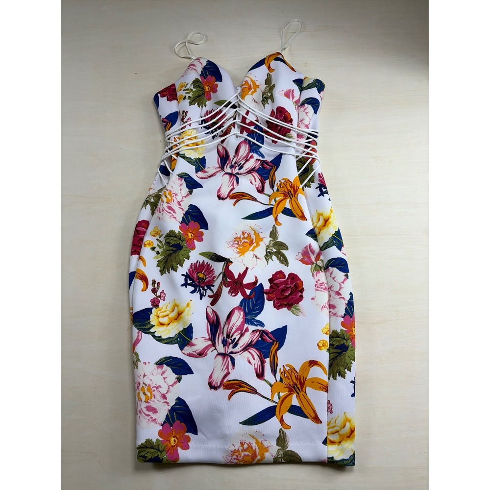 Guess Los Angeles Floral Bodycon Dress White Multi Strap Cage Waist Small - Picture 1 of 8